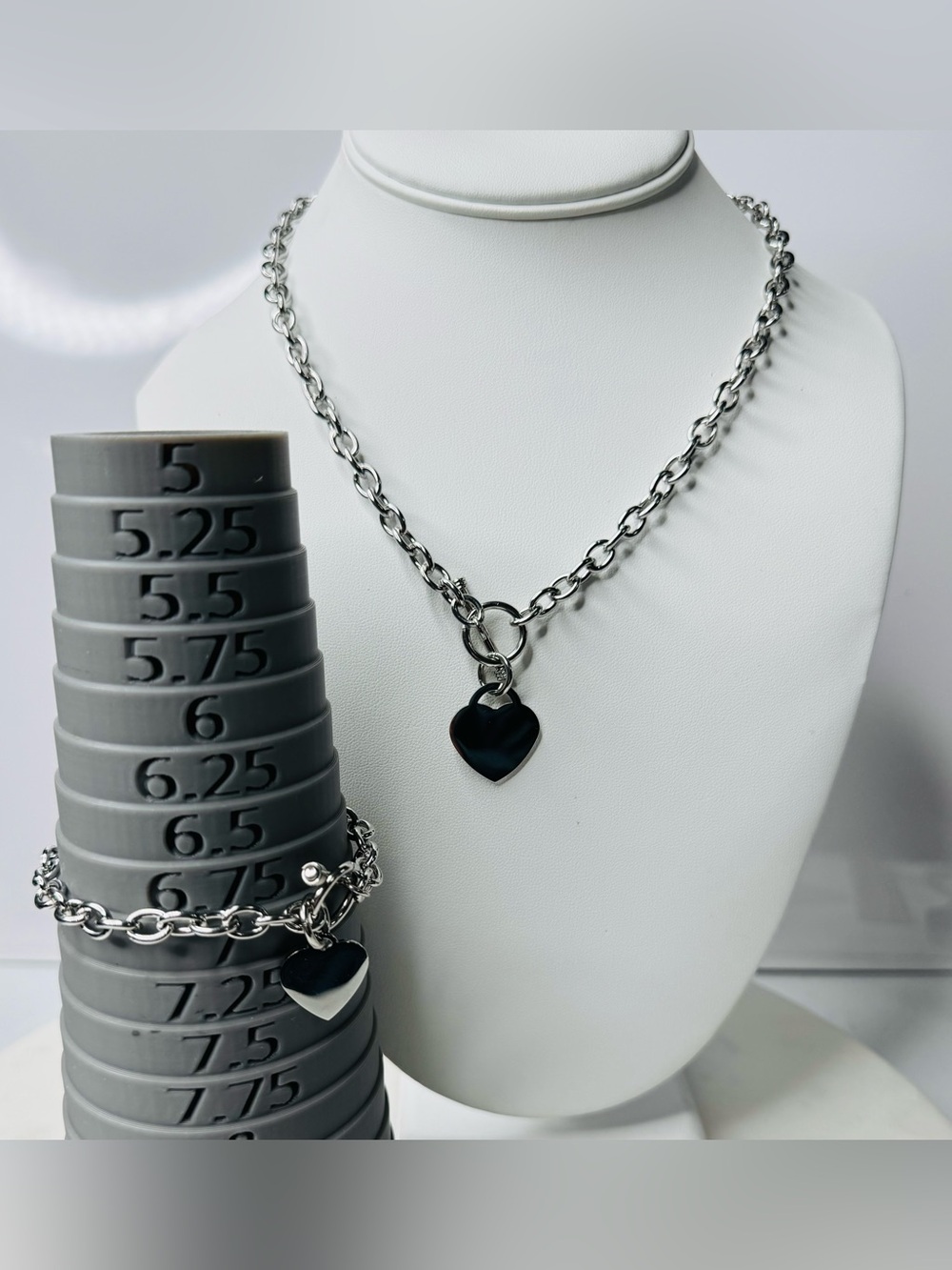 Stainless Steel Heart Pendant Toggle Clasp Necklace with Bracelet